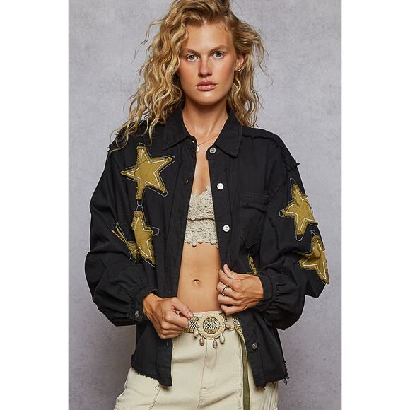 POL Star Patch Raw Hem Button Up Chest Pockets Oversized Denim Jacket | Black - Picture 4 of 4